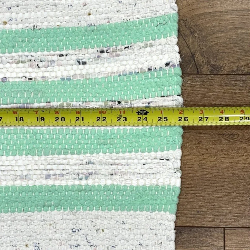 NEW Handmade Woven Rag Rug‎ 20x26 Fringe Tassel Throw Cotton Striped Green Ivory
